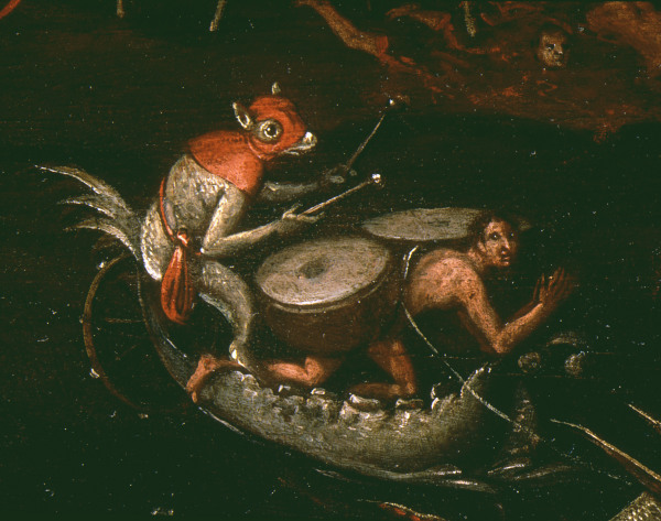 Bosch painting detail: squirrel drumming on dude