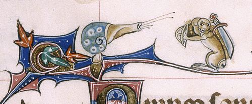 Medieval illustration of Monkey fighting a snail