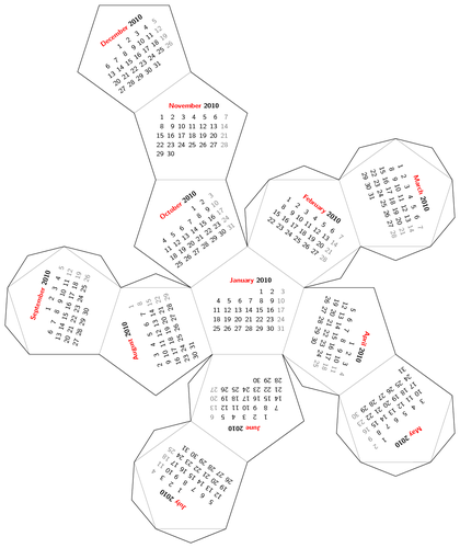 unfolded dodecahedron with a calendar month on each face